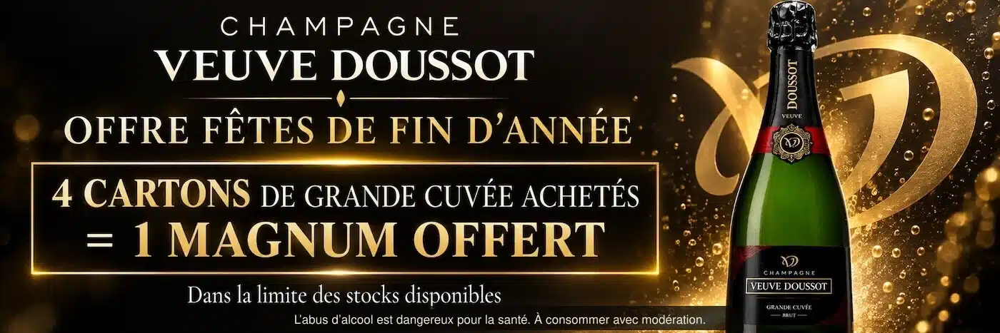 Offre fêtes Champagne Veuve Doussot : 4 cartons de Grande Cuvée achetés, 1 magnum offert